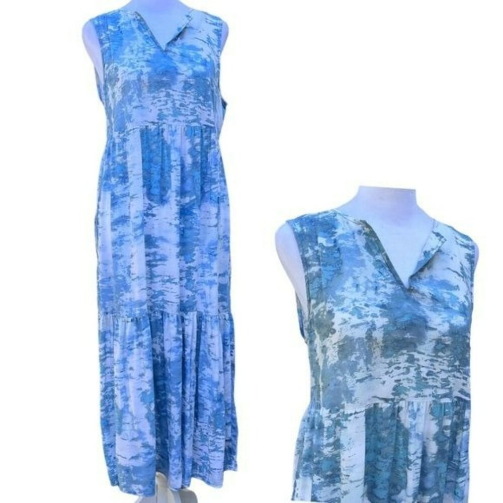 Beachlunchlounge Collection Maxi Ruffle Dress Women's Size XS Blue White Tie Dye